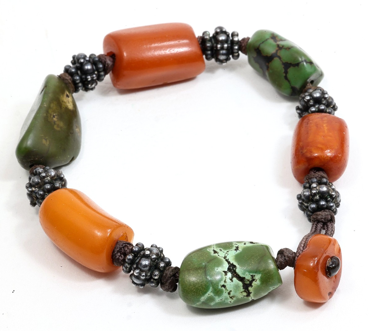 Antique Tibetan Amber Turquoise Bead Bracelet Vintage Himalayan Nugget Talisman
