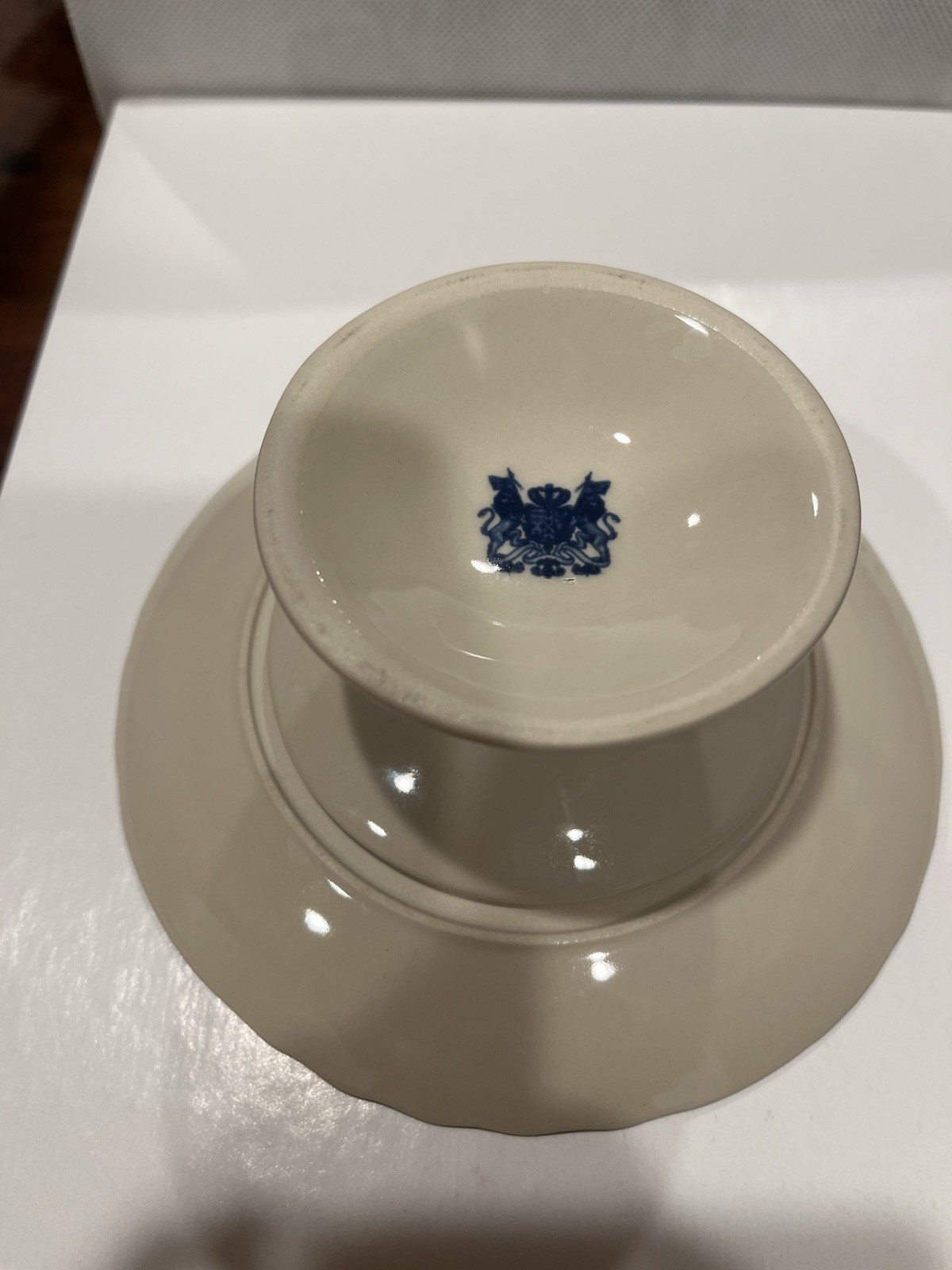 Blue/ White Dish on Stand-Transferware -2 lions w/crown on bottom-Scallop Edge