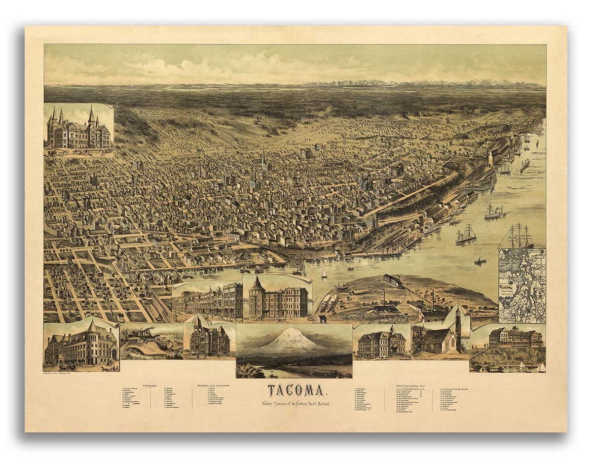 Tacoma Washington 1890 Historic Panoramic Town Map – 18×24