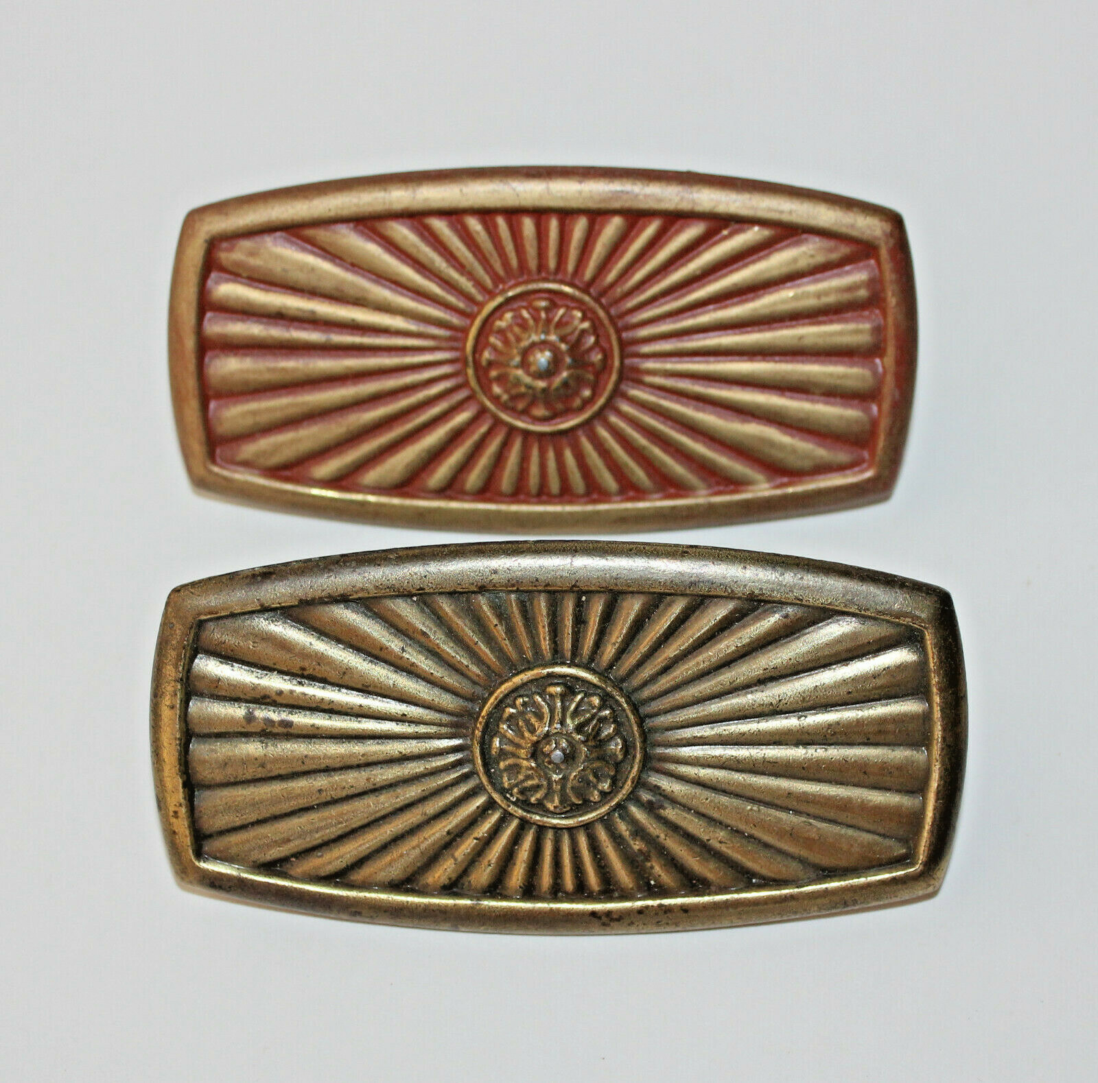2 Vintage Large Rectangle Ribbed Bronze or Brass Drawer Pull Handles 4 5/8″