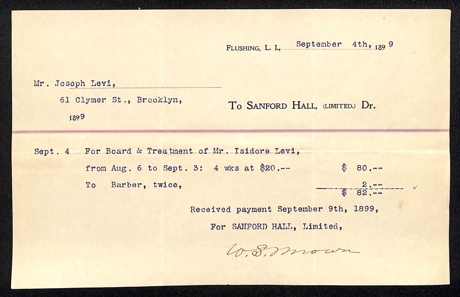 1899 Sanford Hall (Sanitarium) Flushing Queens Medical Treatment Billhead (#6)