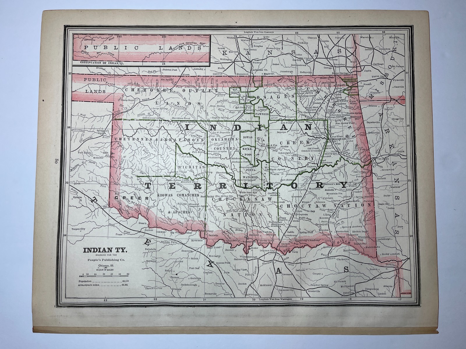 1887 INDIAN TERRITORY Map fm 1887 People’s Atlas SEE DESCRIPTION