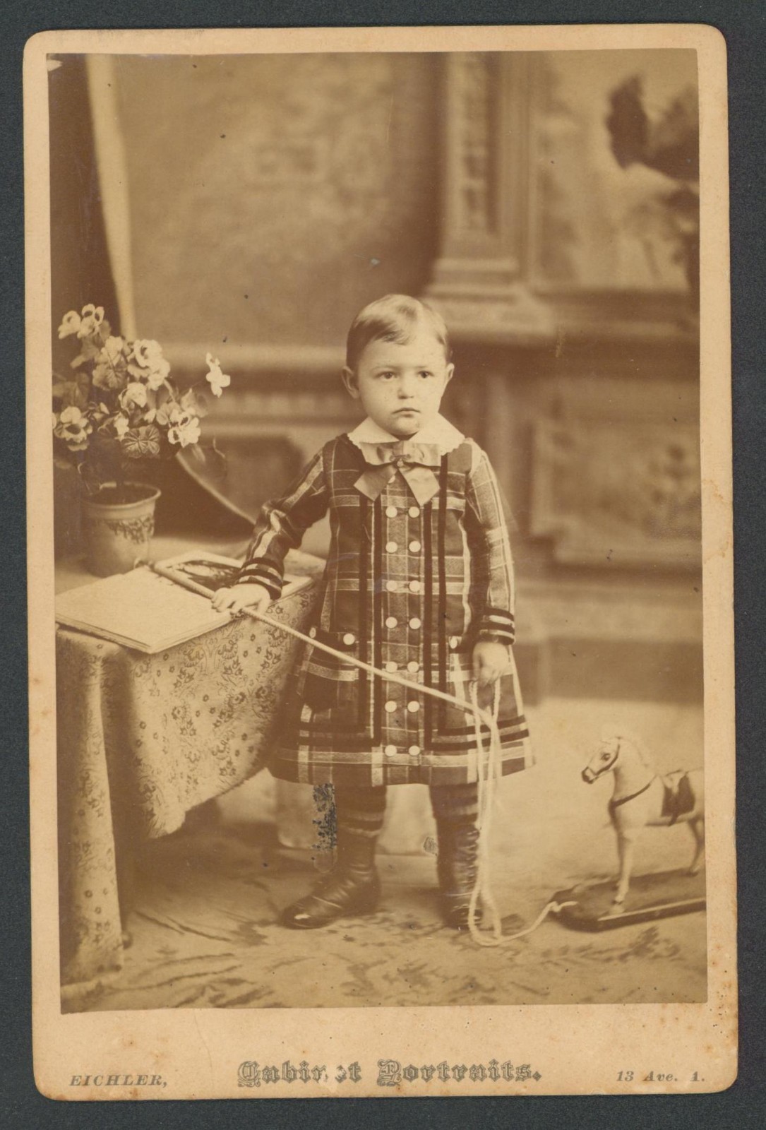 New York , Eichler ~ Small Boy with Pull Toy Horse in Studio Photograph.
