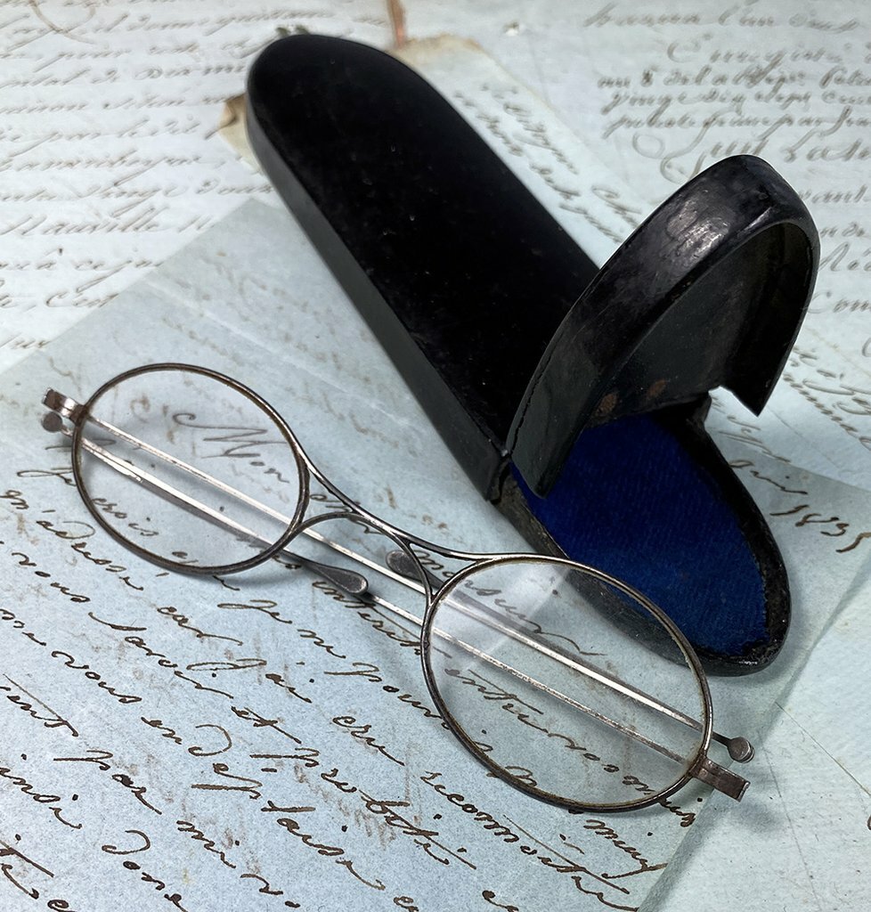 Antique c.1780-1830 Sterling Silver Folding Spectacles, Gold Figural Etui, Case