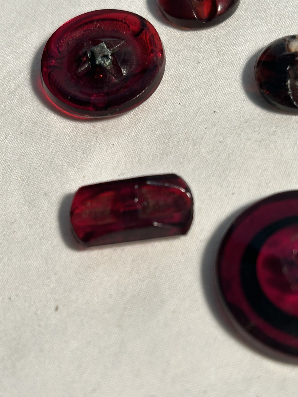 Vintage Sewing Buttons ~ Ruby Red and Gold Glass ~ Set of six total