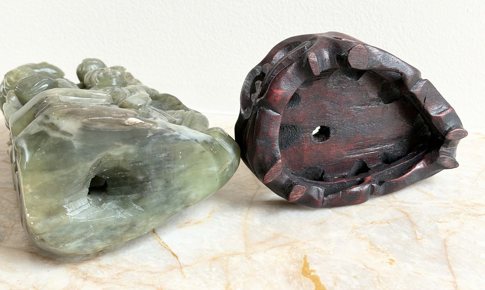 Antique Chinese Republic Era Suzhou Jade Serpentine Figurine & Stand
