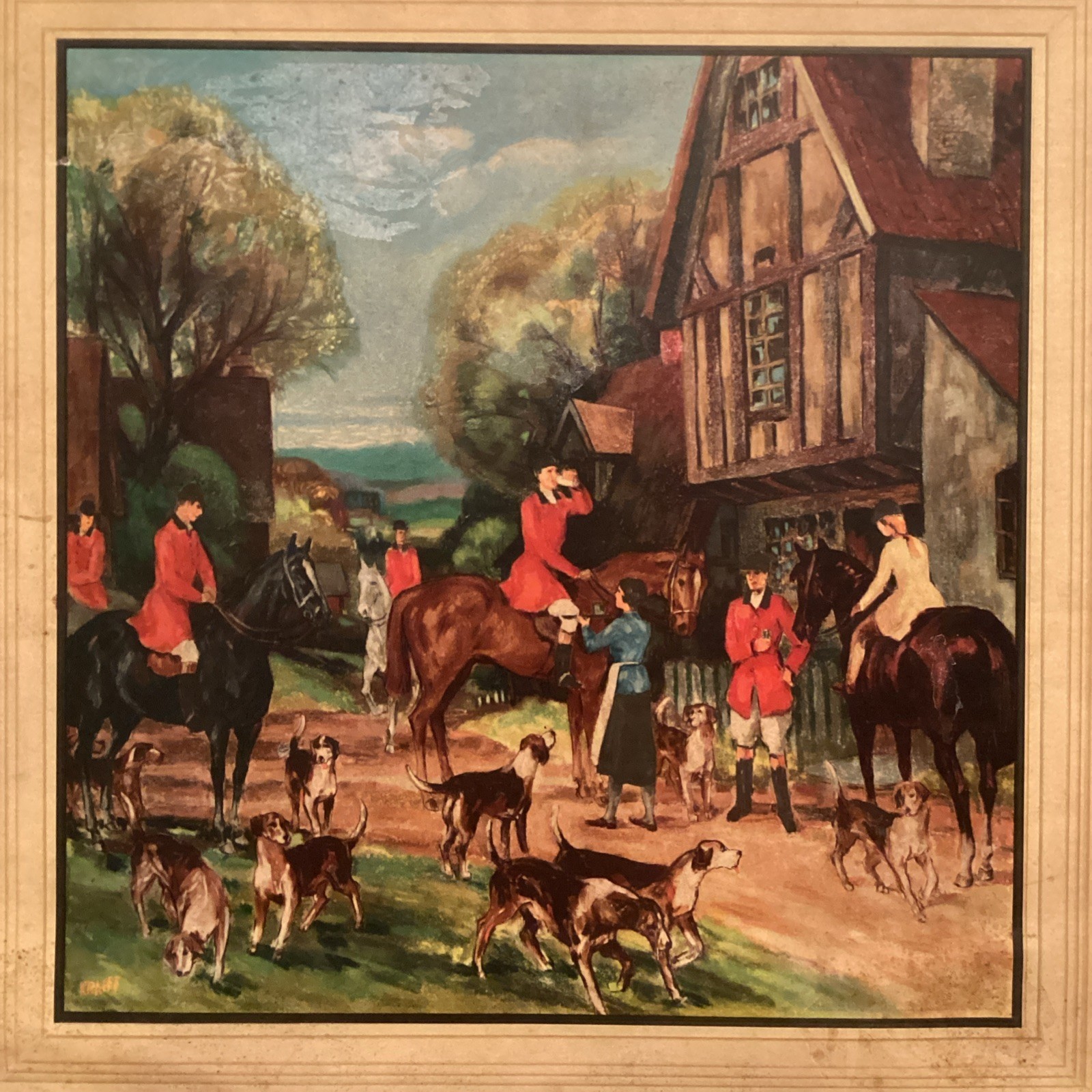 Vintage English Fox Hunt Scene Folding Card Table Fireplace Screen Wood Litho