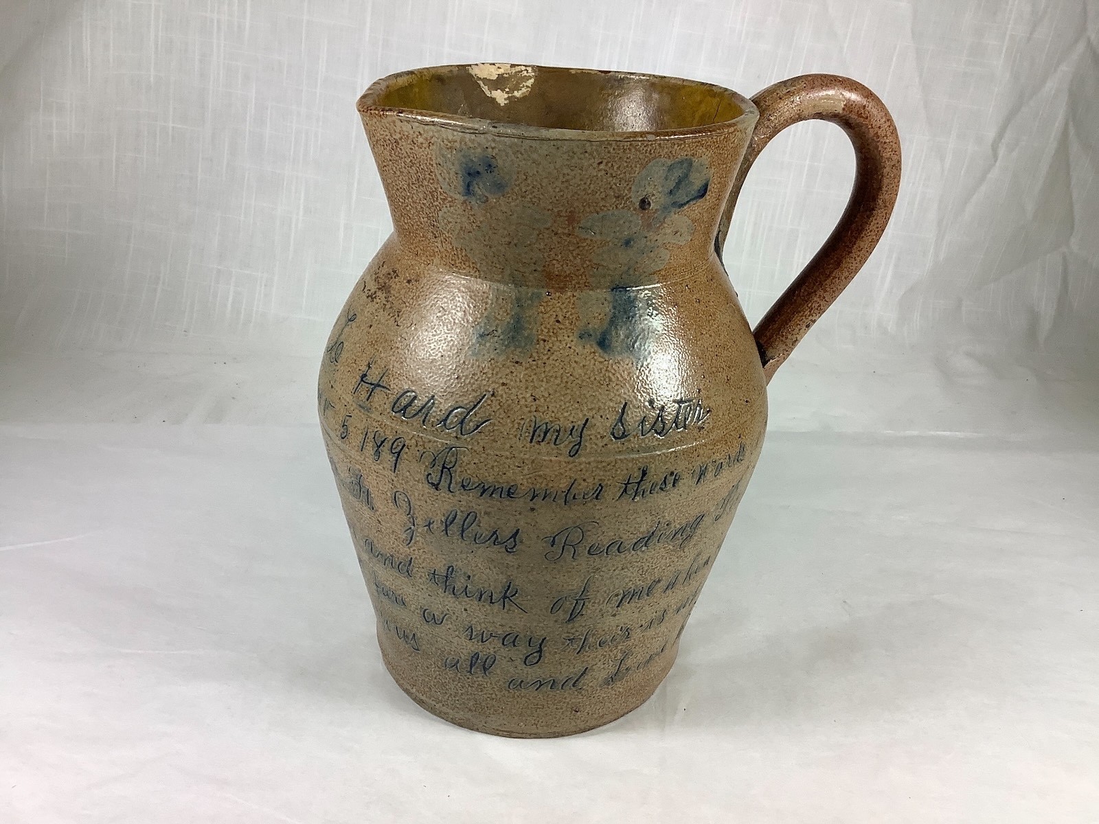 1893 SHENFELDER STONEWARE PRESENTATION PITCHER 6 LINE ZELLERS SCRIPT INSCRIPTION