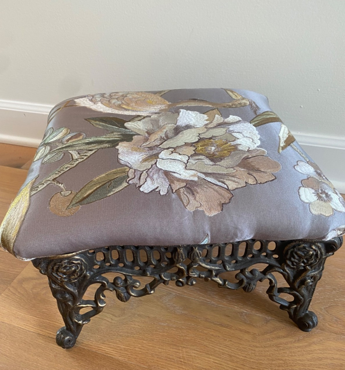 Cast Iron Victorian Footstool Vintage Embroidered Silk Chinoiserie Fabric Peony
