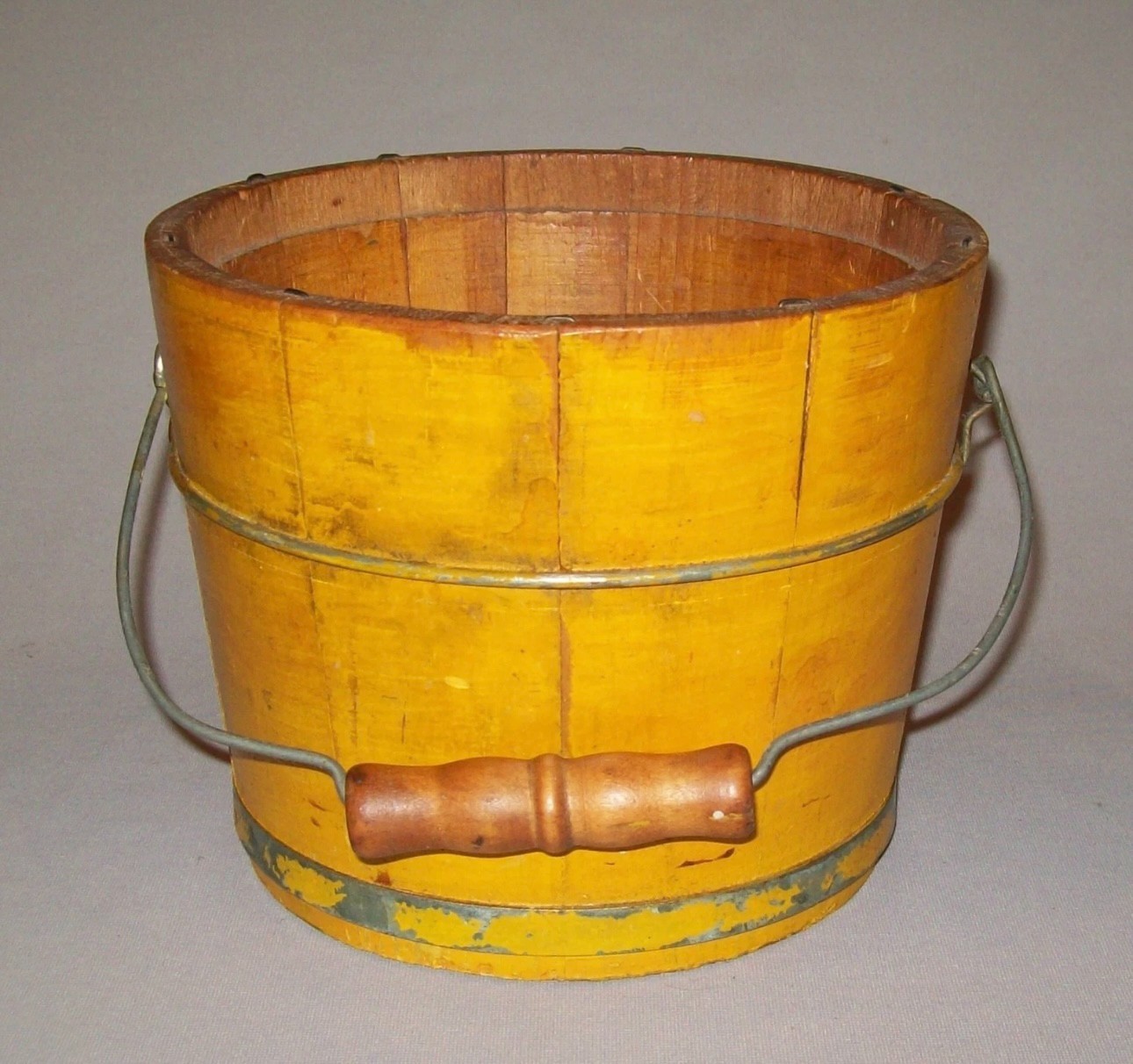 Antique Vtg 19th C 1890s Wooden Staved Bucket Chrome Yellow Paint Great Surface