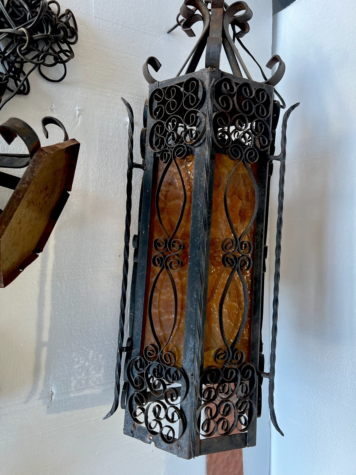 Mid century Spanish Revival / Gothic hanging lantern with amber glass For Repair