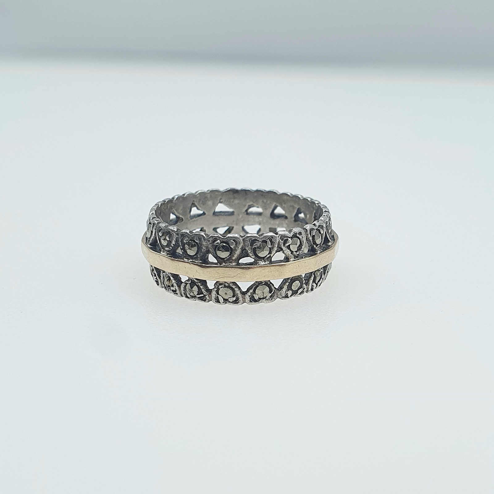 Antique 9ct Gold & Silver Eternity Ring Marcasite Heart Pattern Solid 9k 9kt Art