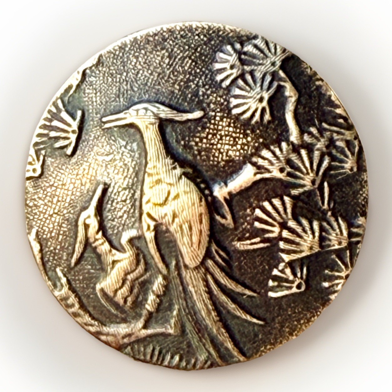 Antique 1-Piece Stamped Brass Button, Pair Of Exotic Birds In A Tree, Medium Sz
