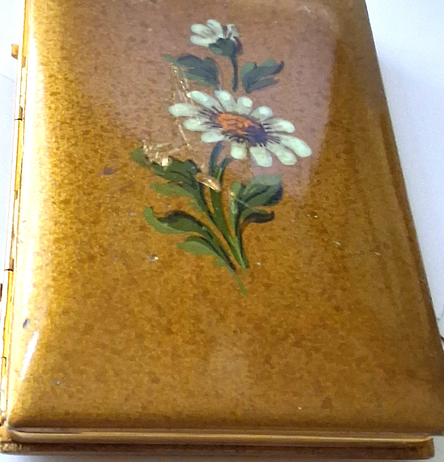 Vtg Italian Tole Lacquered Wood Folding Double Mirror Hand Painted Daisies, 4×6