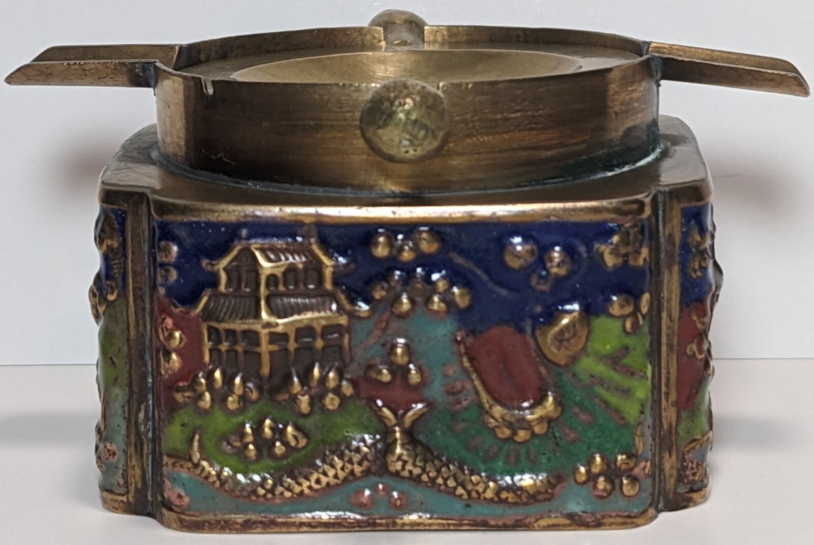 Vintage Chinese Enamel Flip-Top Brass Ashtray House Garden Cone Incense Burner
