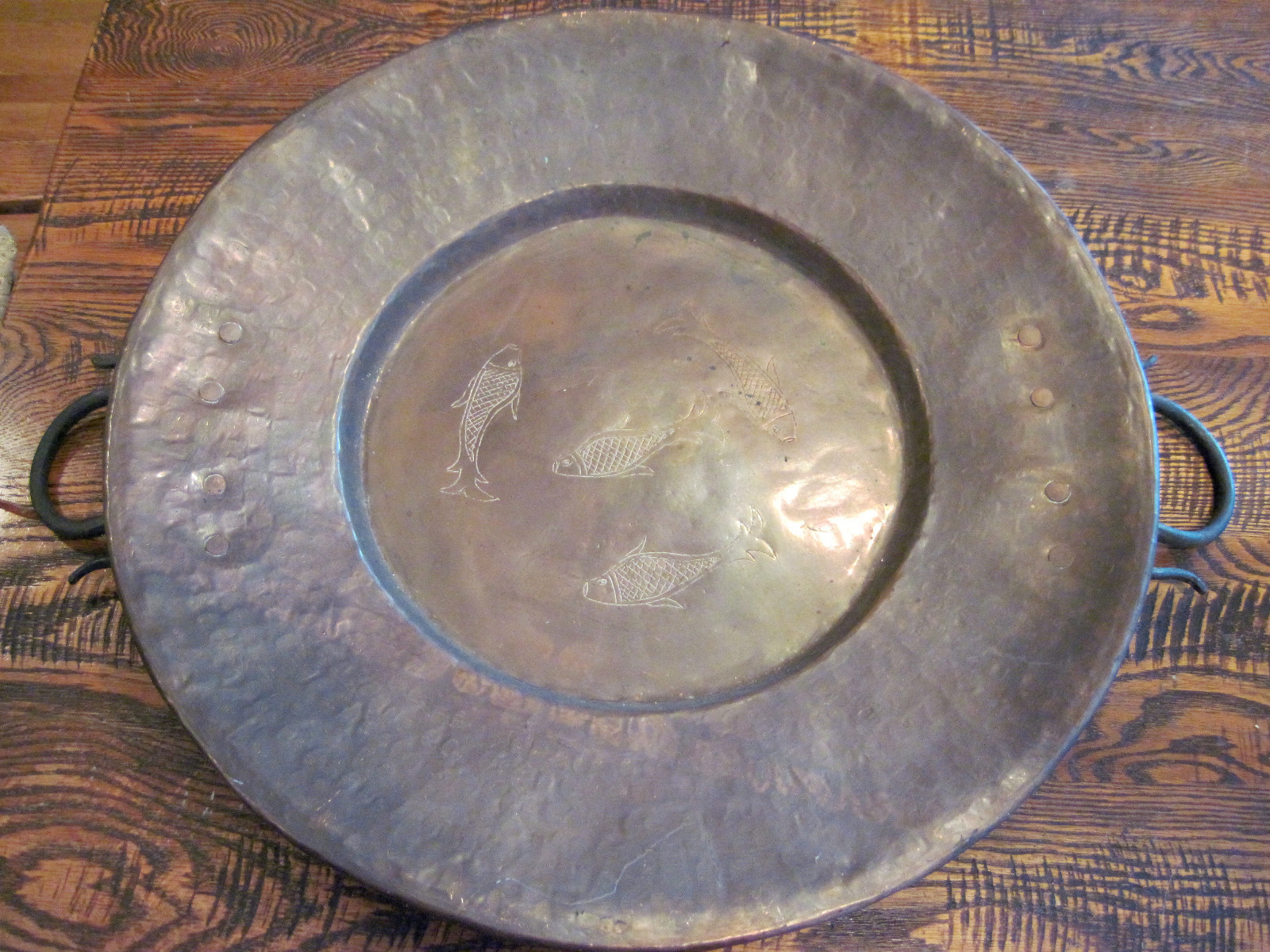 Estate Find Antique Asian Huge Hammered Copper Tray 29 3/4″ Diameter, 16 Lbs