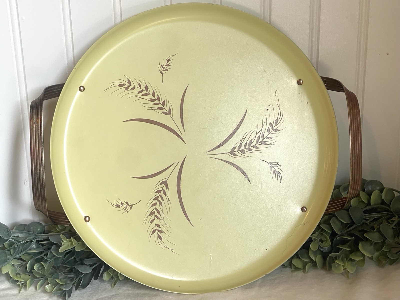 Mid-Century Modern Wheat Enamel Metal Serving Tray Platter Handles | Round 12”