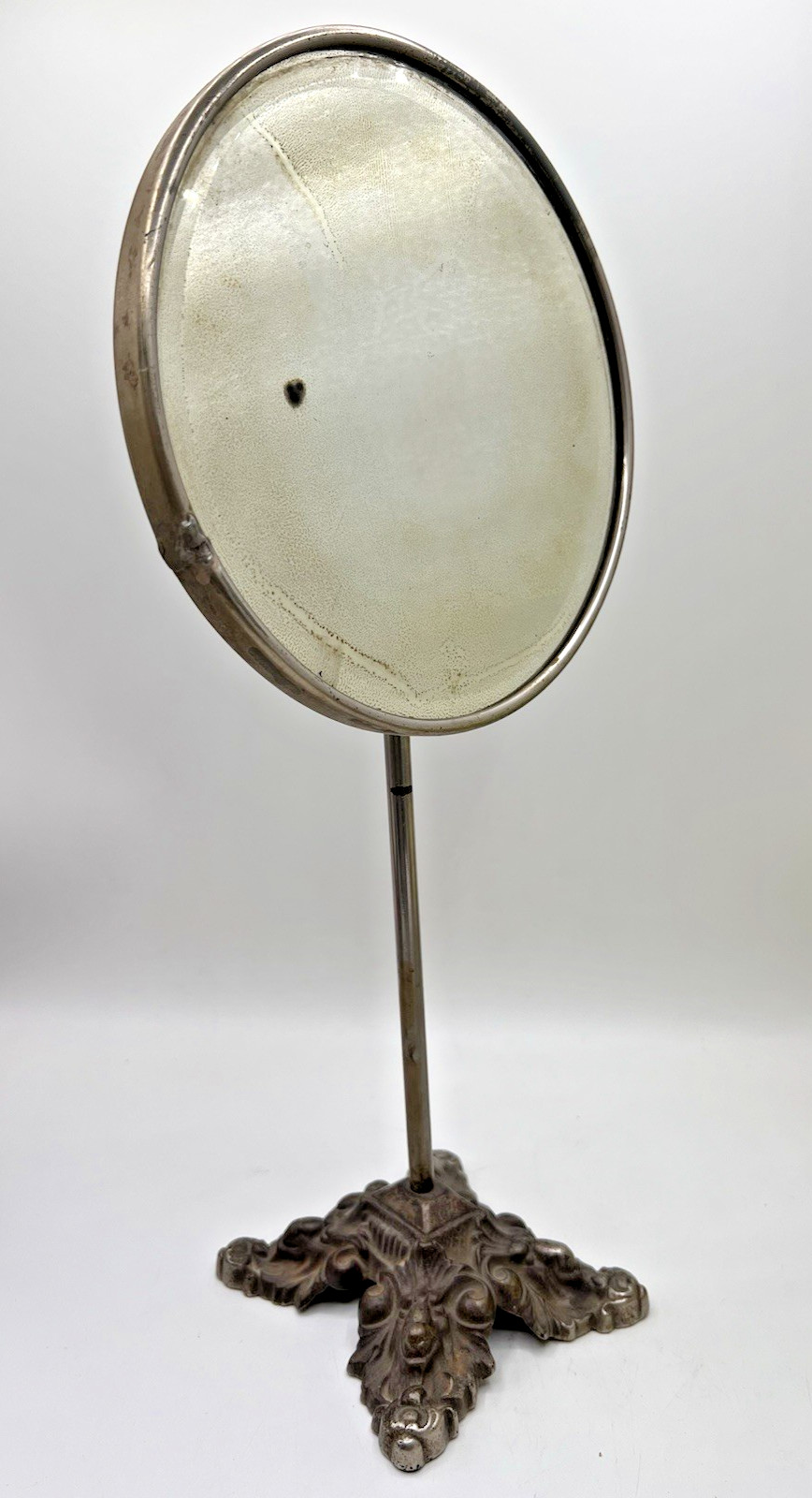 Old Shaving Mirror Beveled w Cast Rams Head Base