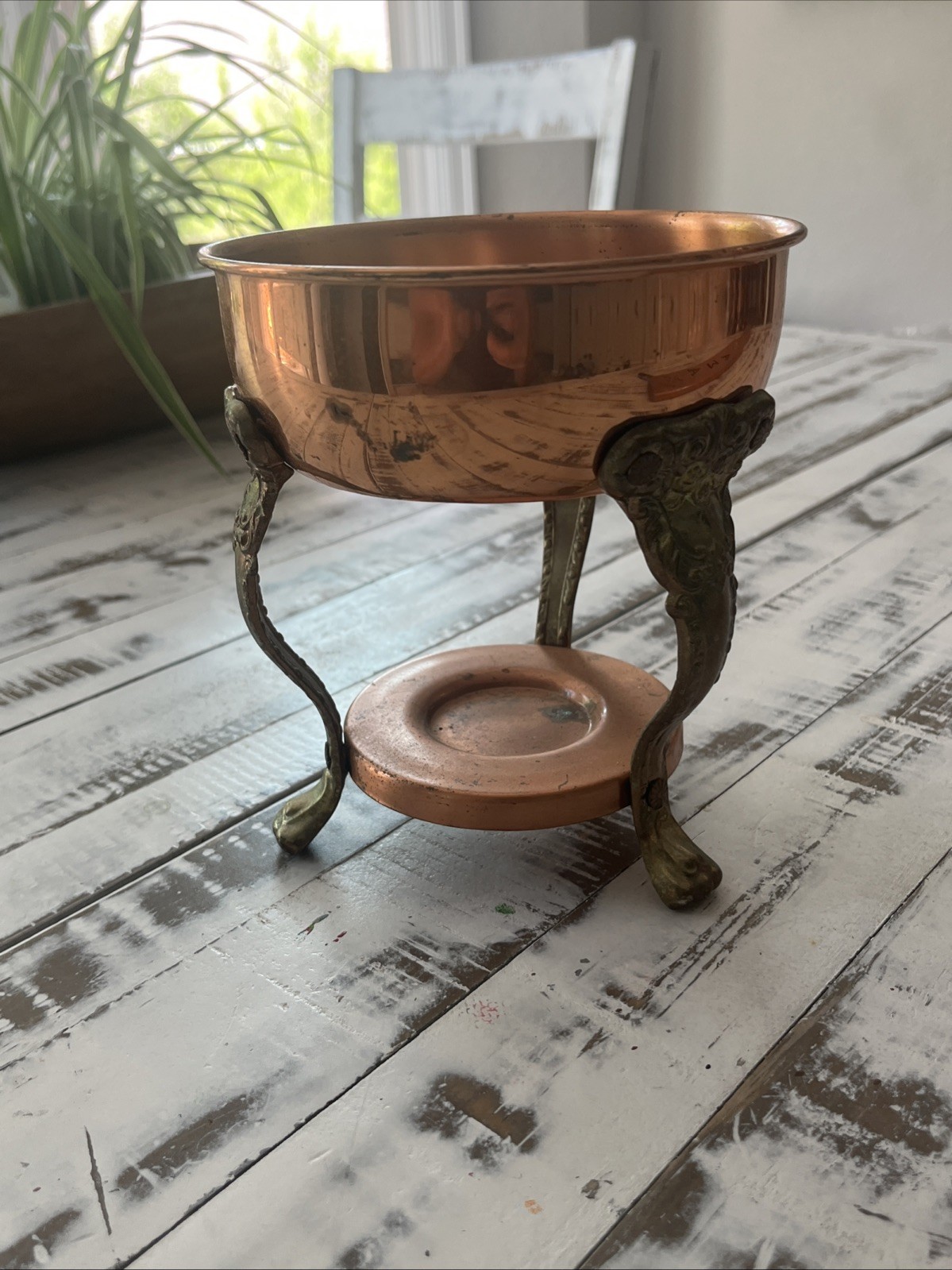 Old Antique Vintage Ornate Copper Plate Tripod Chafing Dish Stand 1900’s 6”