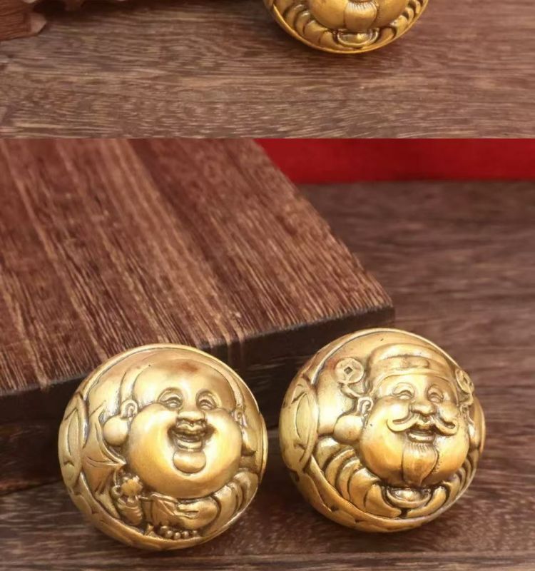 Pair Brass Laughing God Balls Solid Hand Grip Feng Shui Figurine Gift Decor