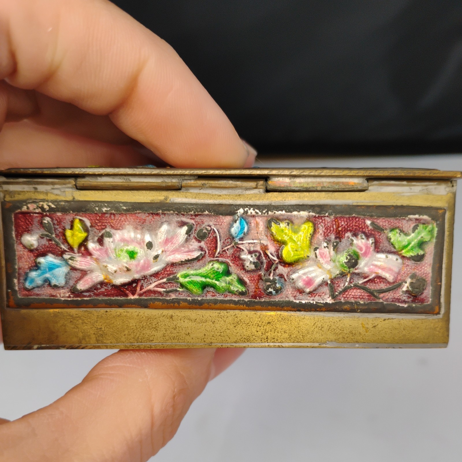 Antique Chinese Cloisonne Enamel Stamp Box Brass 3.25″X1.5″ Unique Decor