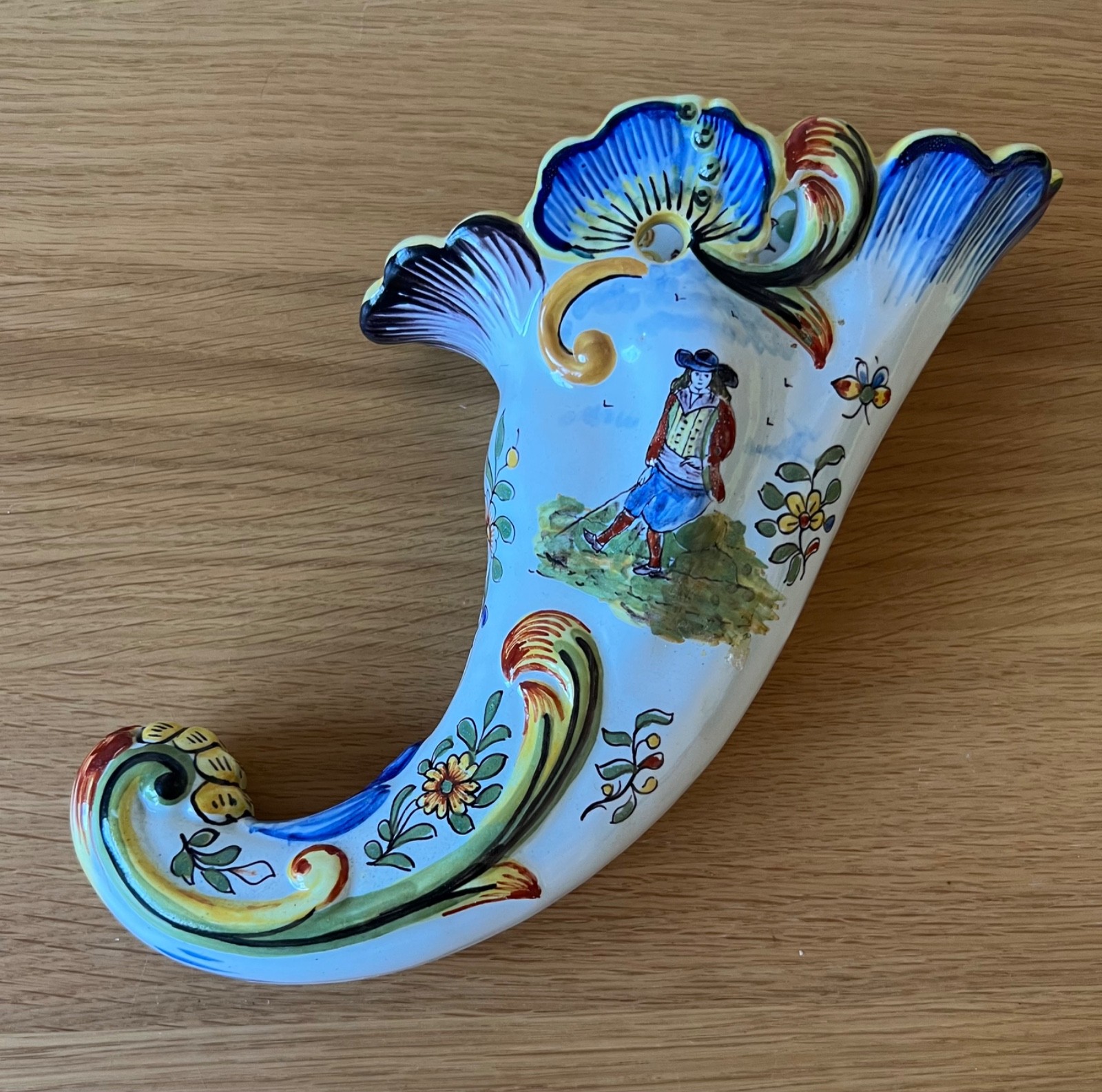 Vintage Faience French Pottery Wall Pocket French Folk Art Hand Painted