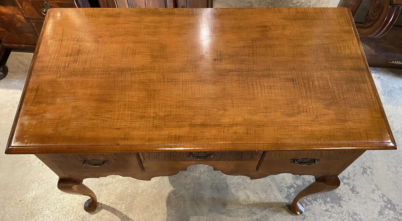 18th c New England Queen Anne Tiger Maple Highboy Base