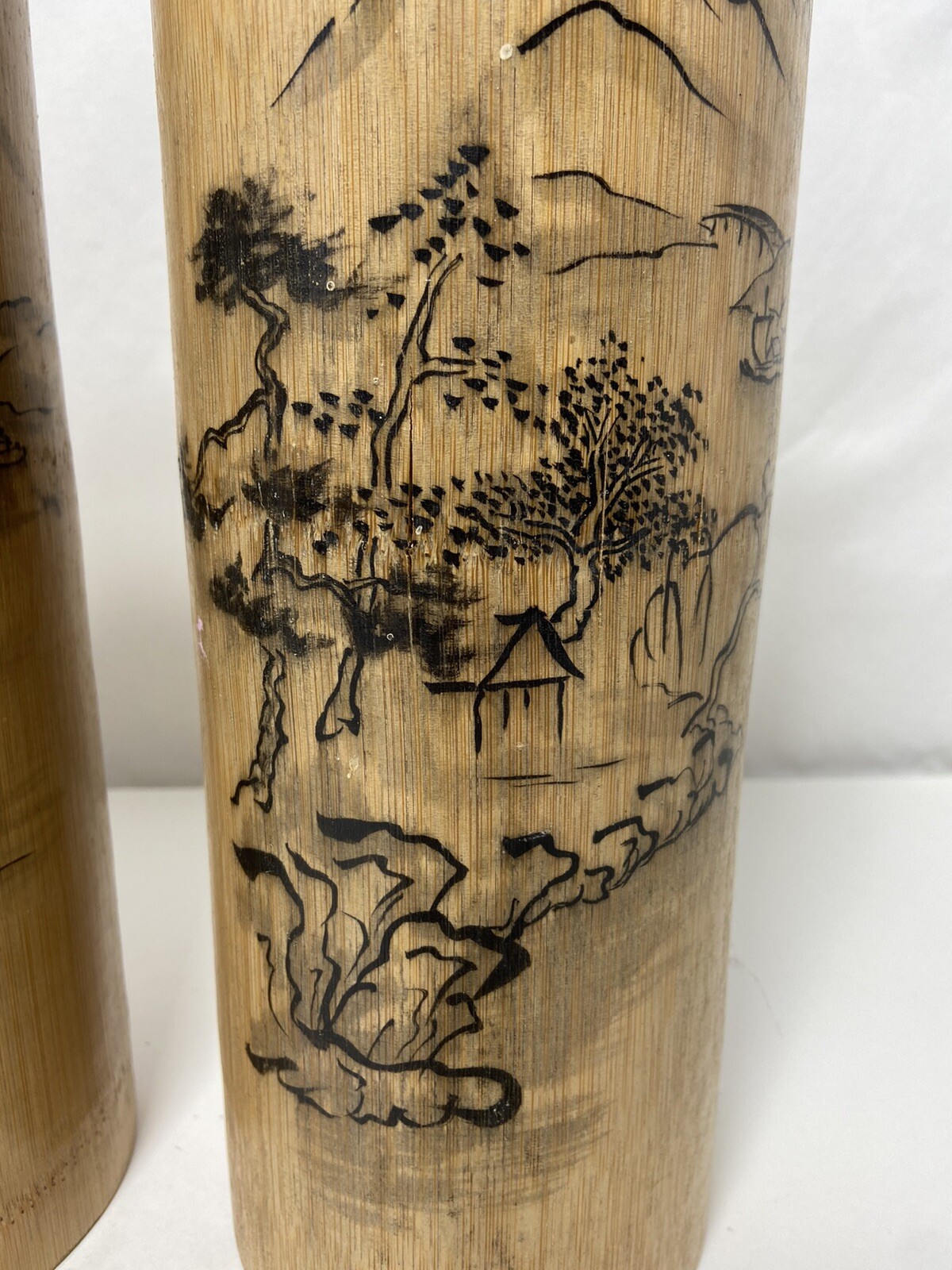 Solid Bamboo Pen Brush Holder Pot Chinese Flower Blossoms Village Engraved