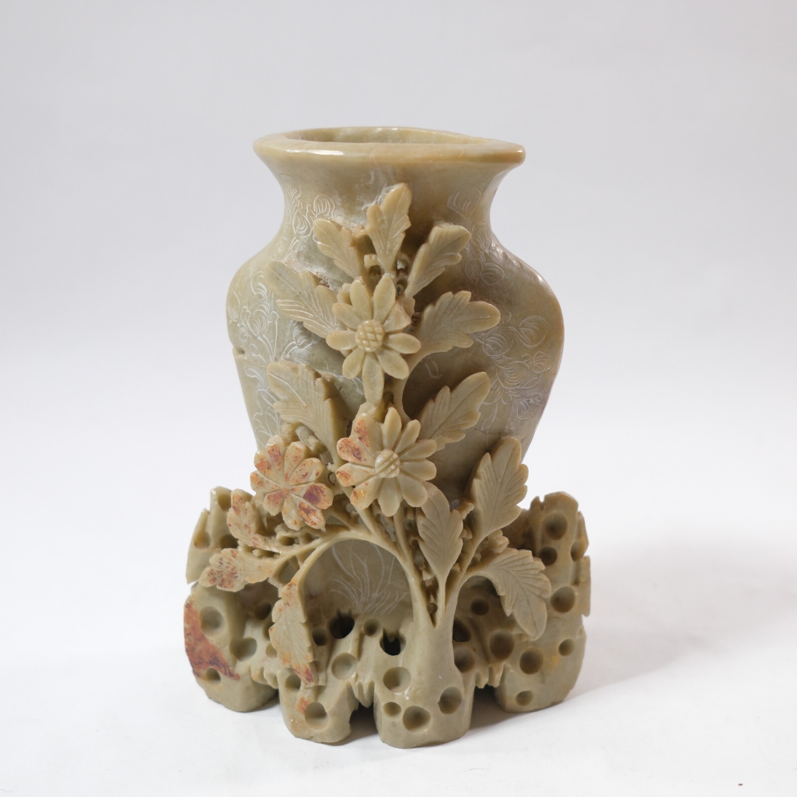 Vintage Hand Carved Flower Vase Natural Soapstone Ornate Carving