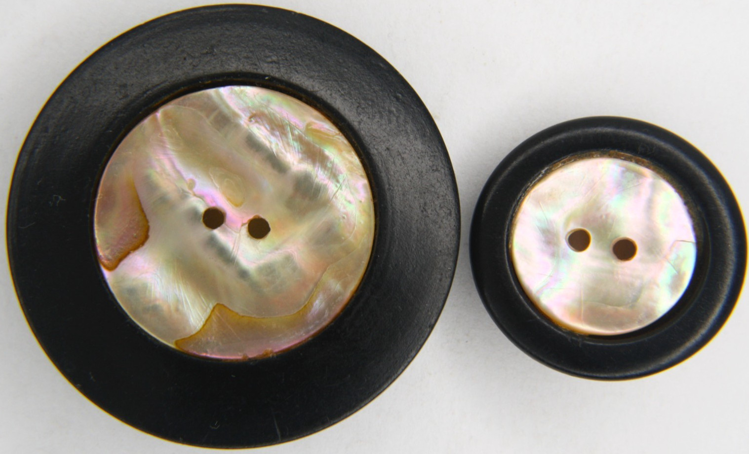 C1930s Vintage Casein Black Galalith Button Set Mother Pearl MOP Inlay 1.5-.87″
