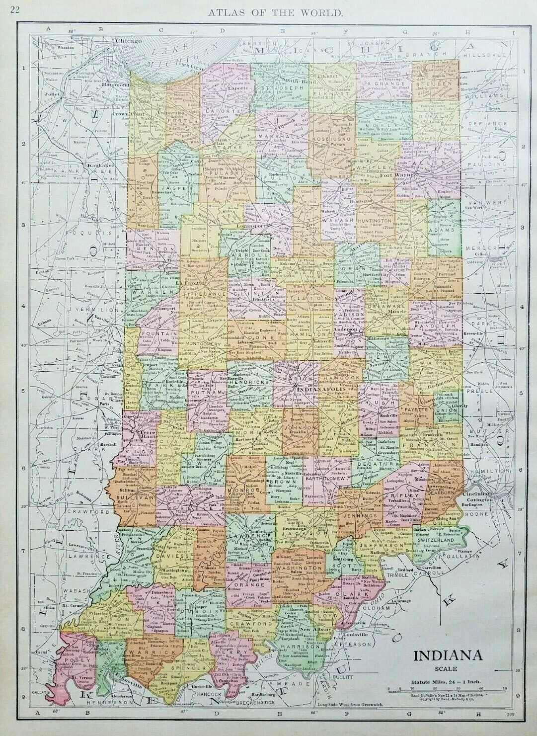 Indiana Vintage Map Rand McNally Antique 1916