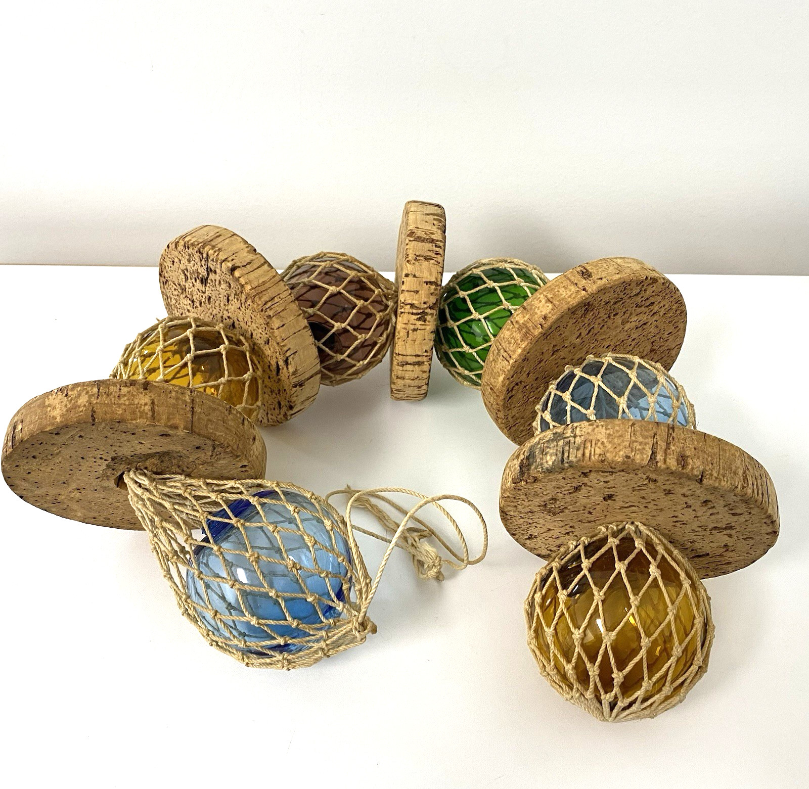 Vintage Hand Blown Glass Fishing Buoy Floating Balls With Net And Cork MCM Tiki