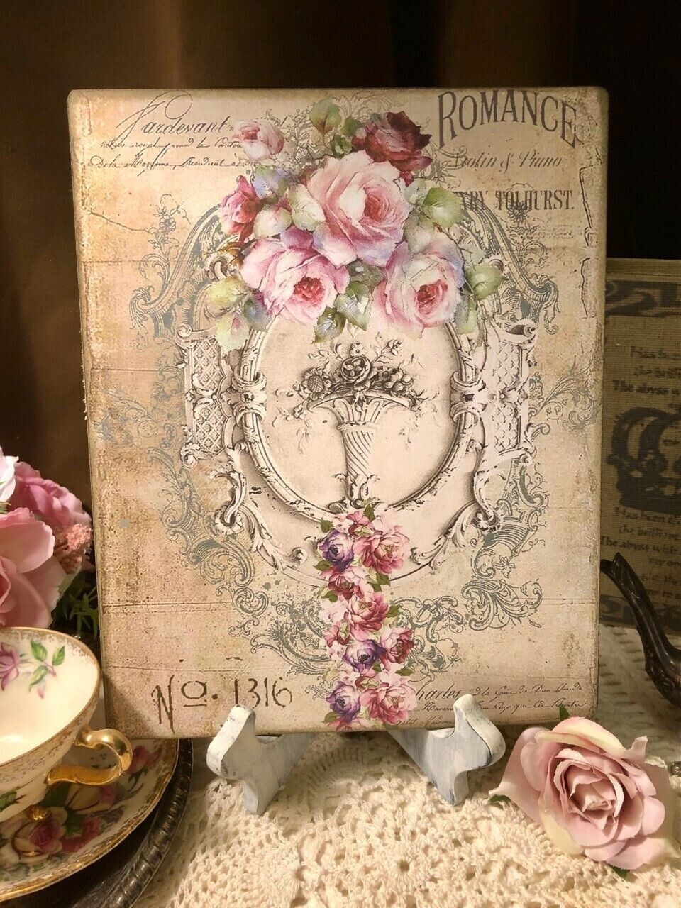 ROMANCE, Shabby Chic, Pink Roses, Canvas Board Sign