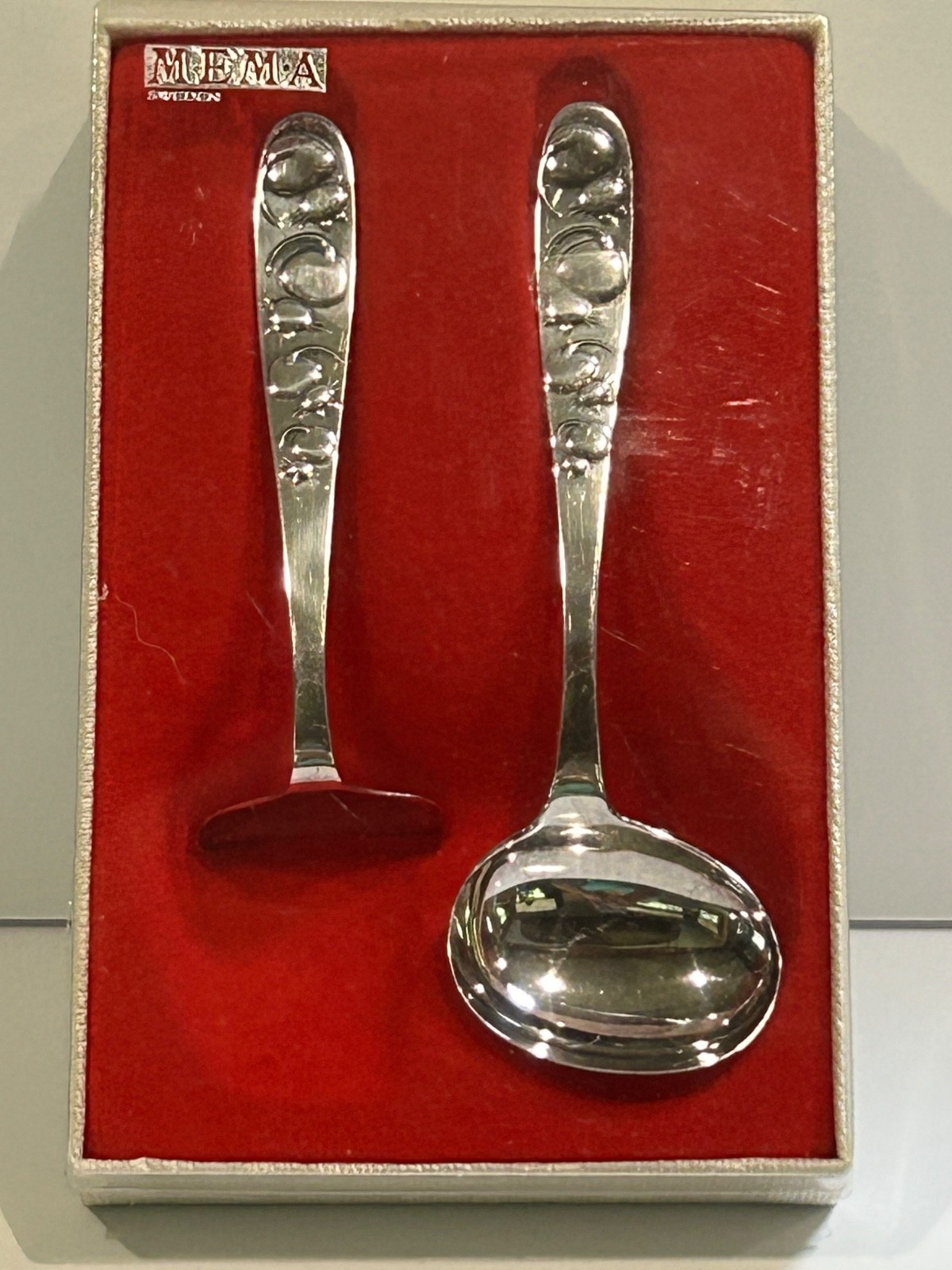 Antique Sweden EPNS Silver Plated Baby Spoon and Food Pusher With Original Box