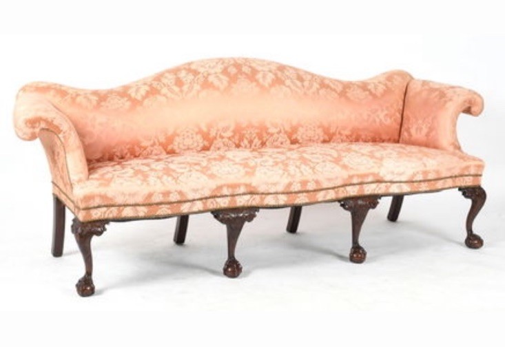 Antique Camelback Chippendale Style Sofa with Carved Mahogany Ball & Claw Feet