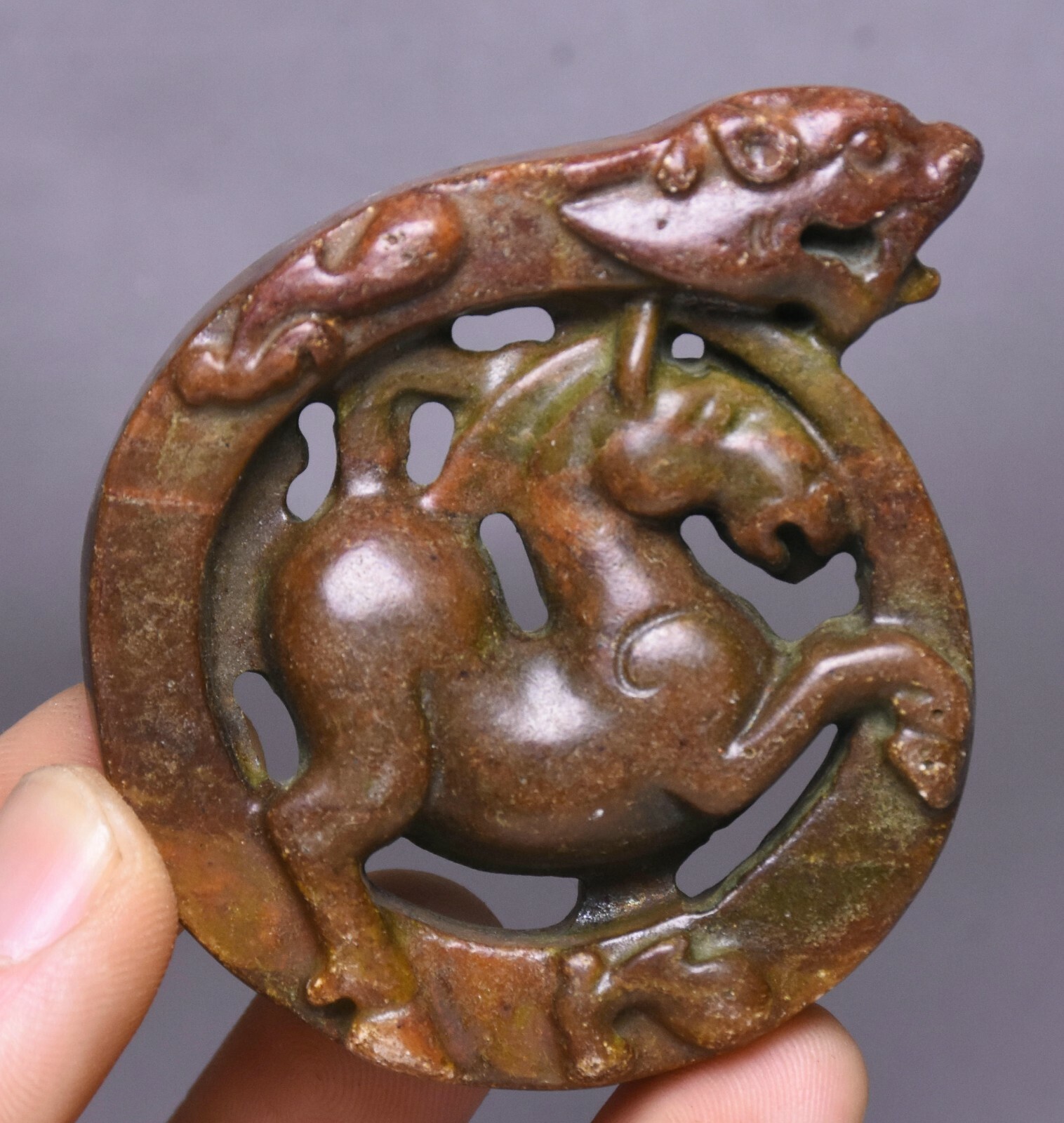 6CM China Hongshan Culture Old Jade Carve Fengshui Dragon Horse ADULT only