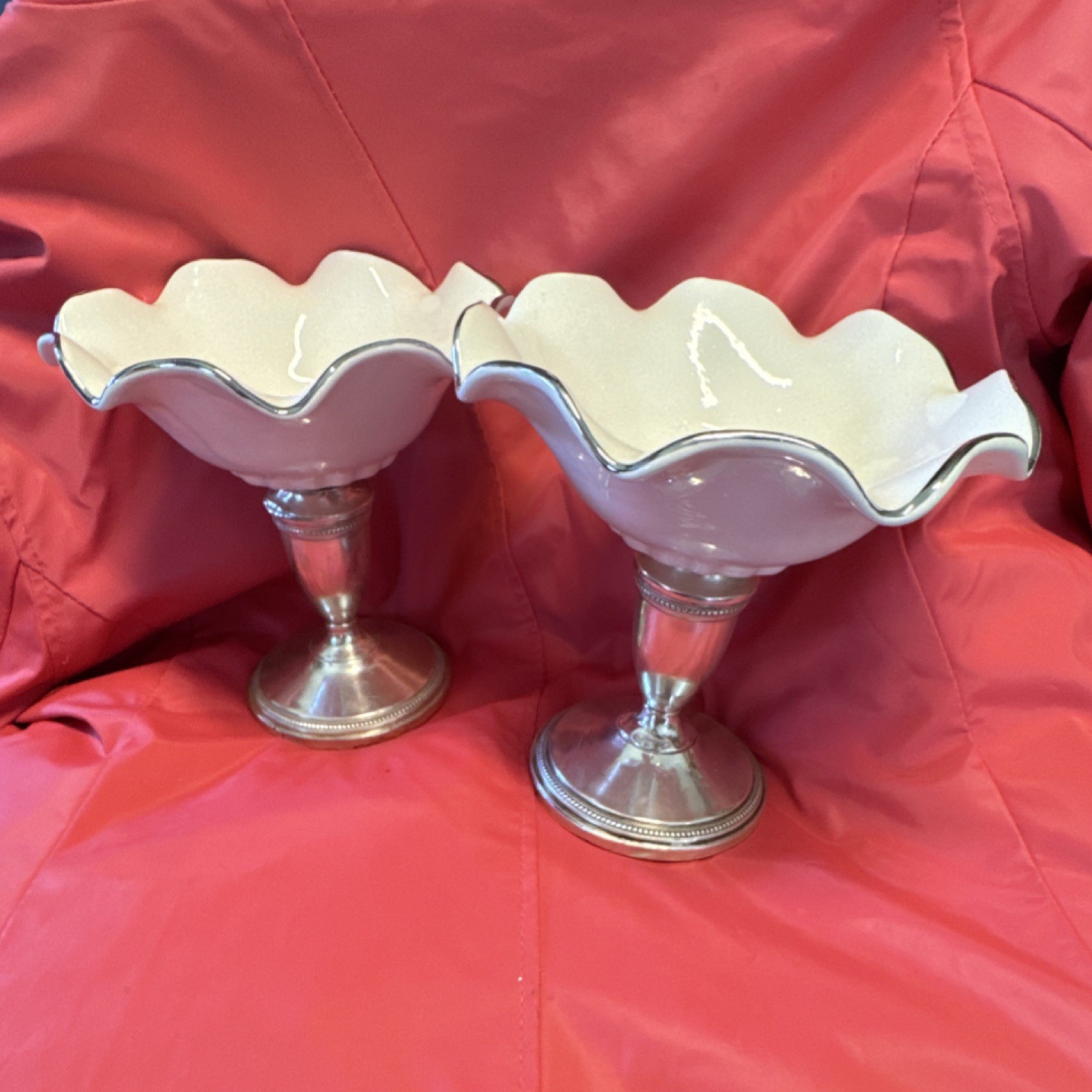 VTG MFH M.Fred Hirsch weighted Compote Porcelain Top with silver trim 6 1/2 “
