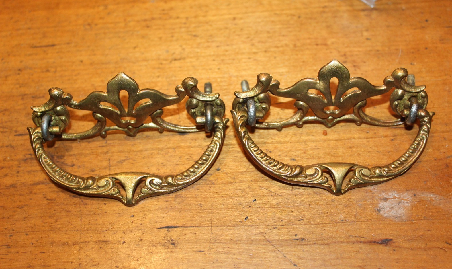 Pair of Antique Cast Bronze Drop Bail Drawer Pulls Naturally Aged Patina H-44