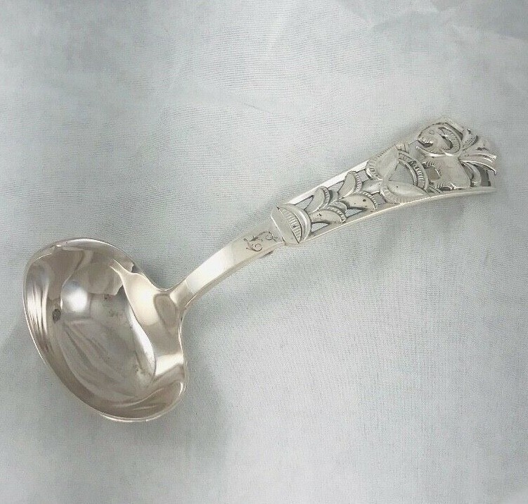 Figural Ram Norway 830 Sterling Silver Pierced Handle Gravy Ladle-6″ Mono L
