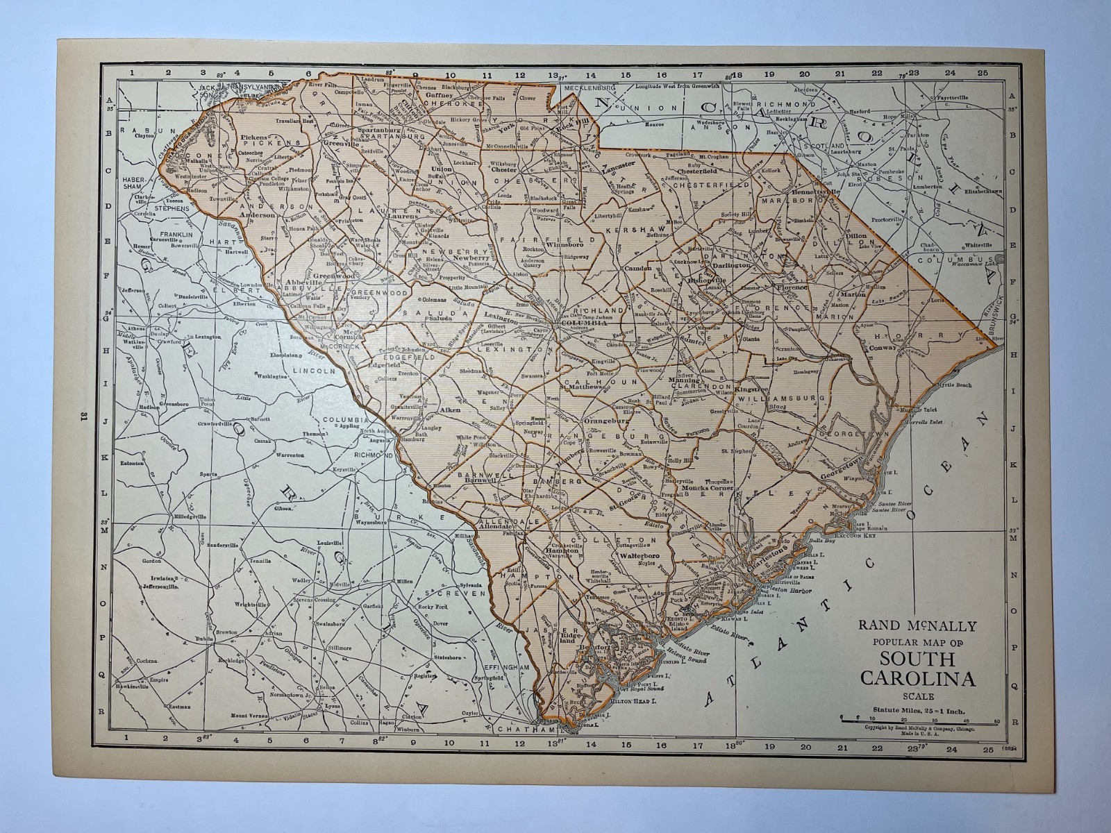1925 “Copper” SOUTH CAROLINA State Map fm 1925 Rand-McNally Atlas SEE DESCRIP