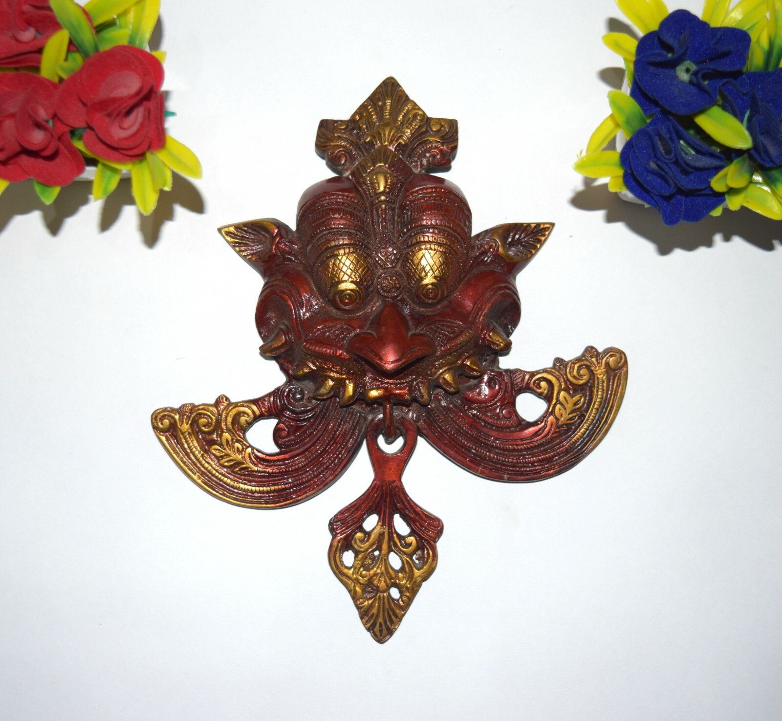 Brass Nazar Battu Door Bell in Red Color Yali Knocker With Floral Design EK590