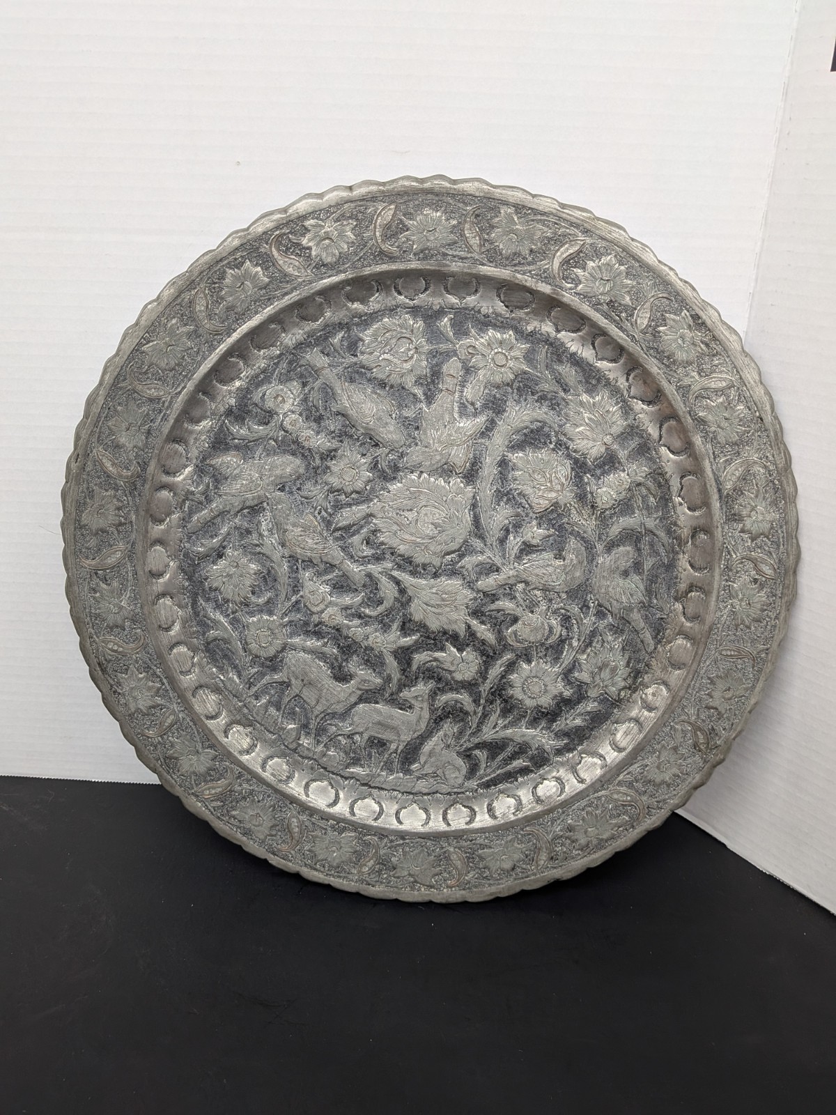 Rare Deer flora birds pattern Brass Silver Metal Middle Eastern Persian Tray 15″