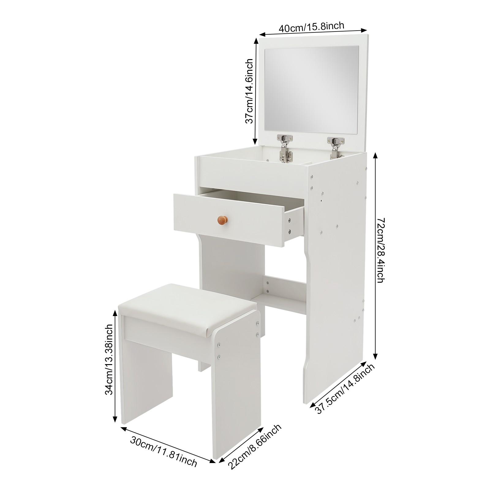 Vanity Table With Mirror, Compact Makeup Vanity W/ Storage Compartments & Stool
