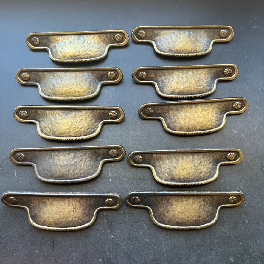 10 Vintage Cup Drawer Pulls Primitive Rustic Salvage w/ Natural Patina Brass