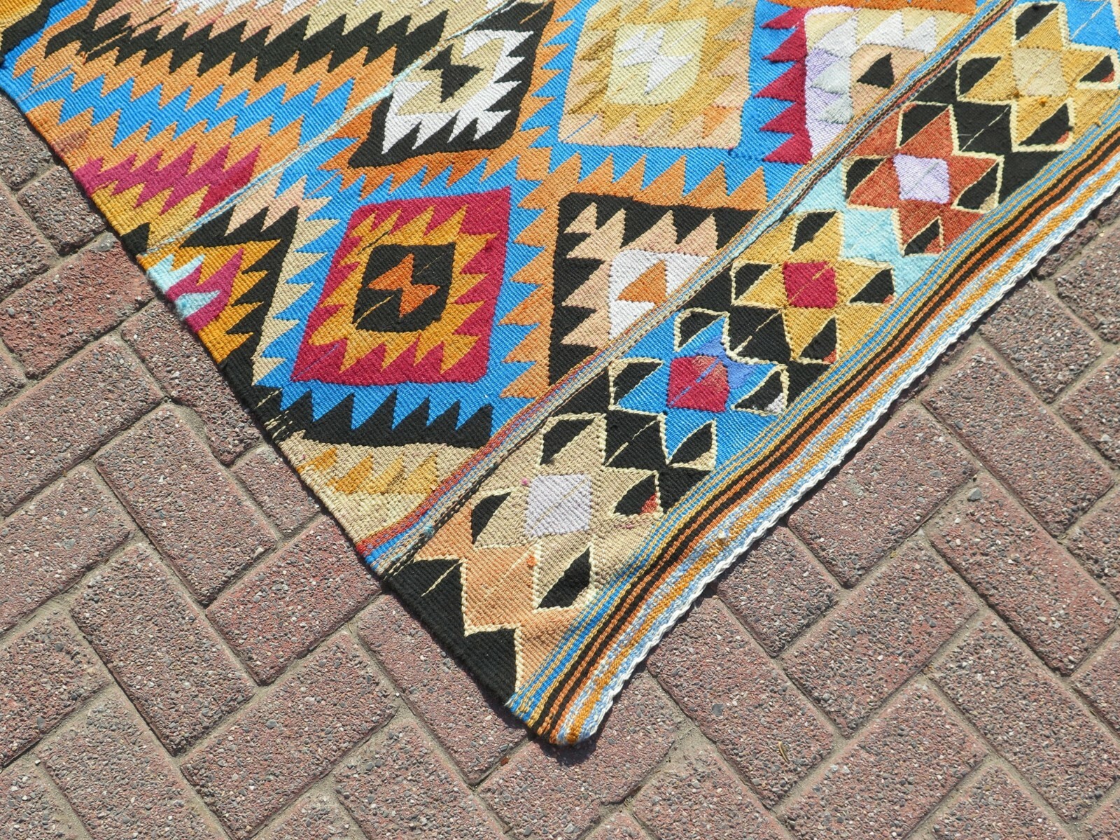 Sky Blue Zigzag Multicolor Vntage Turkish Rug, Large Handmade Wool Carpet 58×106