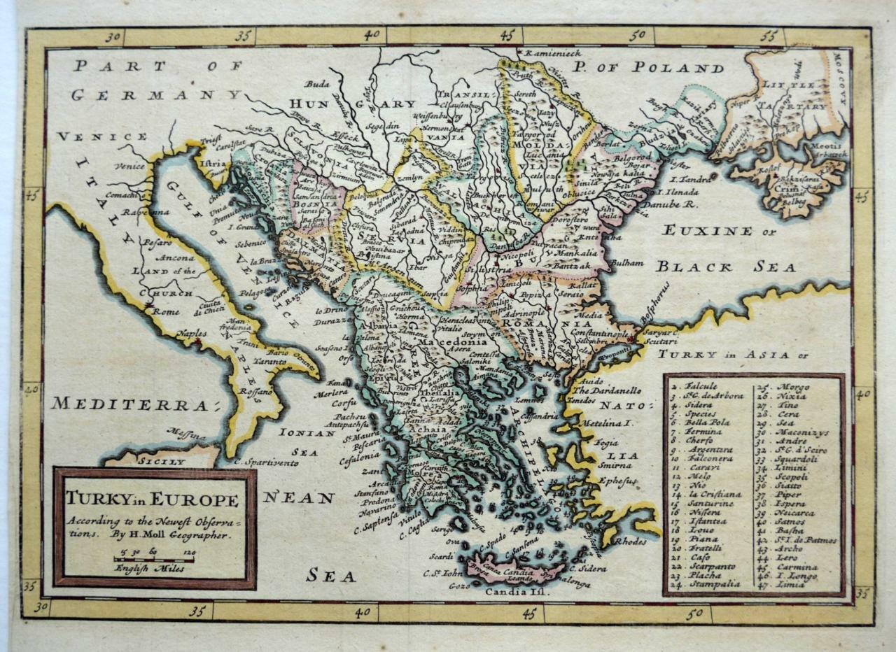 GREECE BALKANS TURKEY BY HERMAN MOLL c1711 GENUINE ANTIQUE COPPER ENGRAVED MAP