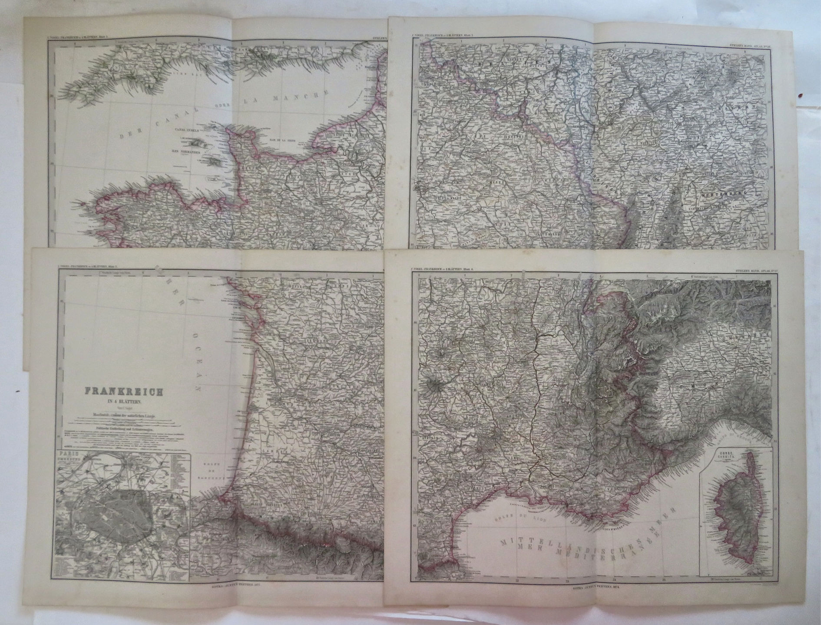France Paris Bordeaux Marseilles Orleans 1875 Vogel huge detailed 4 sheet map