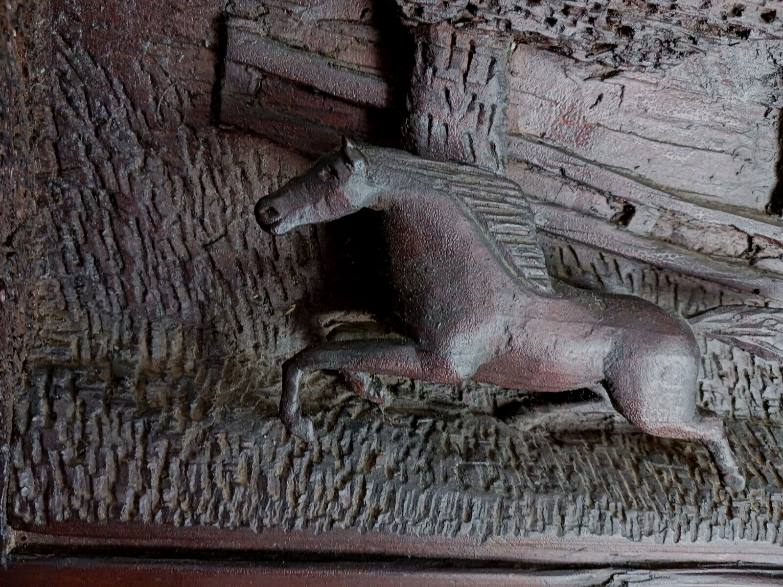 Antique Vintage Equestrian Art Horse Jumping Wood Carved Relief Wall Plaque 1930