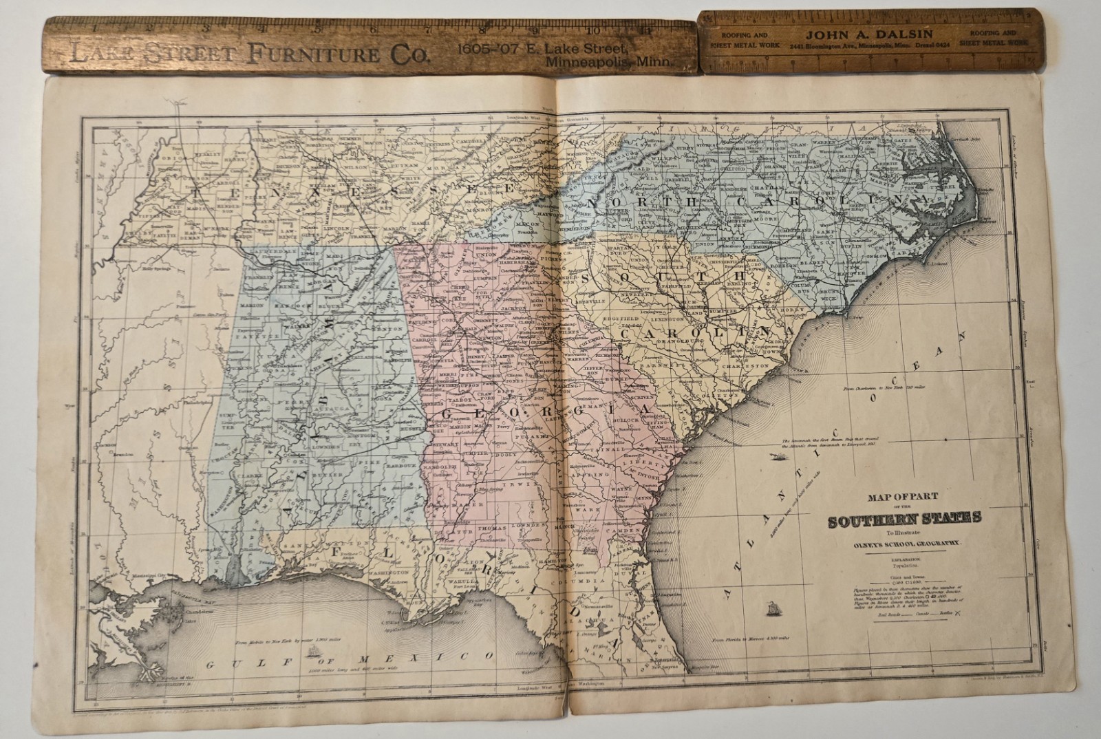 OLNEY’S ORIGINAL 1844 SOUTHERN STATES Map North South Carolina Florida Georgia