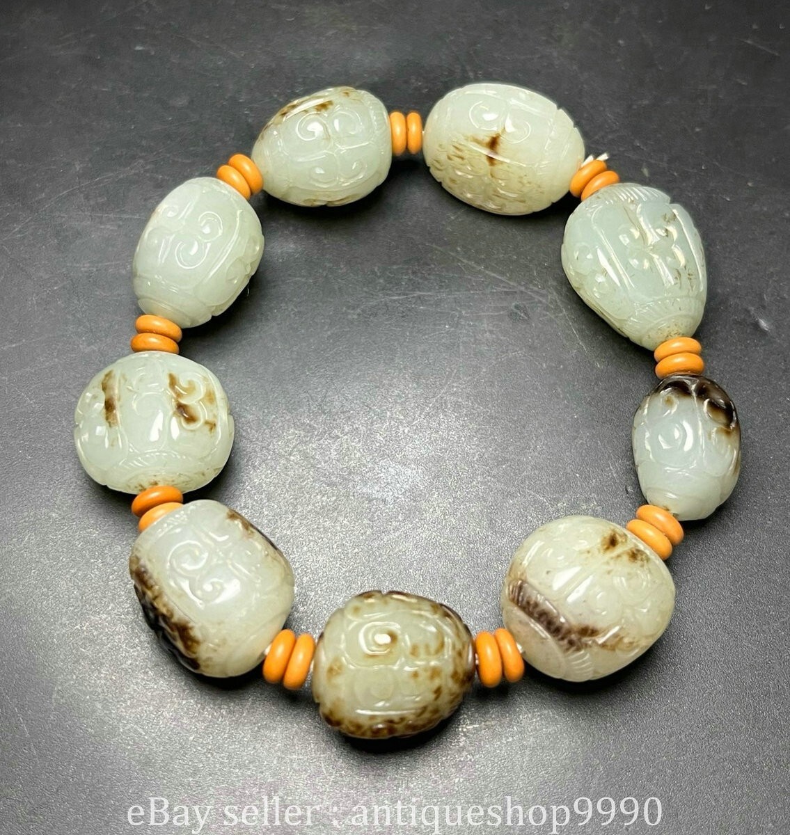 0.9″ Old Chinese Hetian White Jade Carving 9 Beads jewelry Bracelet Chain